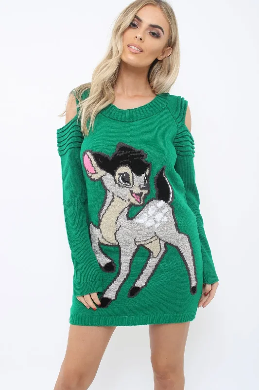 Green Festive Deer Cold Shouldered Jumper Dress - Catarina Corset unclassified dresses