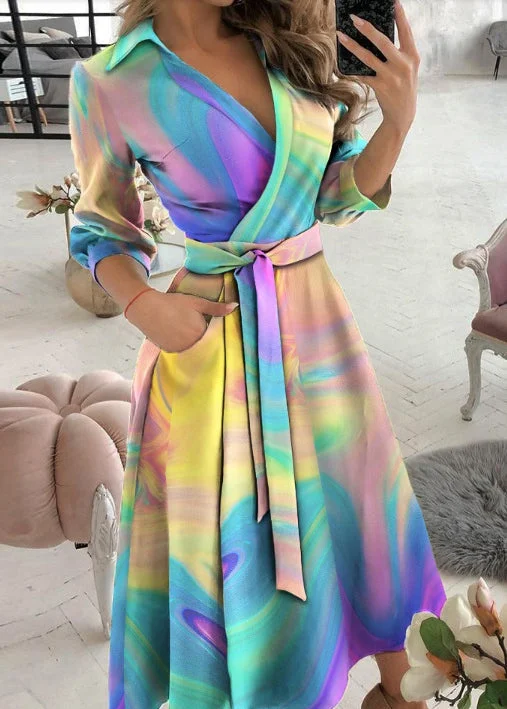 Italian Tie Dye Peter Pan Collar Tie Waist Cotton Dress Fall QR002 Neutral tone unclassified dresses