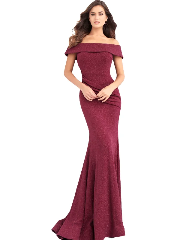 Jovani Burgundy Off the Shoulder Fitted Glitter Prom Dress Preppy unclassified dresses