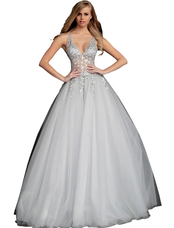 Jovani Grey Crystal Embellished Bodice Open Back Prom Ballgown Dress Gothic unclassified dresses