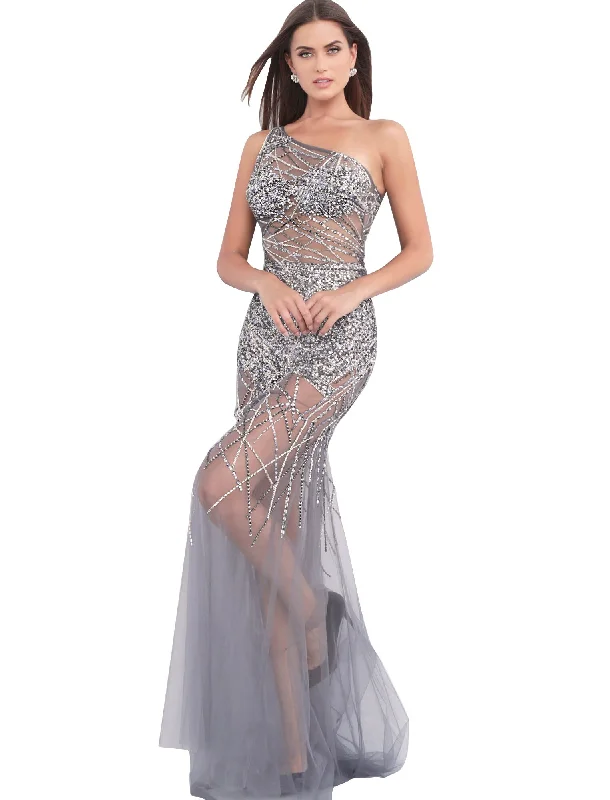 Jovani Gunmetal Beaded Fitted Sheer Prom Dress Breathable unclassified dresses