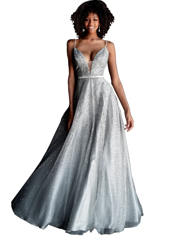 Jovani Gunmetal Plunging Neckline Glitter A Line Prom Gown Dress A-line unclassified dresses