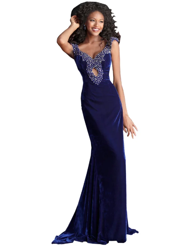 Jovani Navy Embellished V Neck Velvet Prom Dress Tiered unclassified dresses