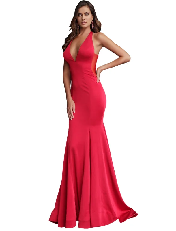 Jovani Red Plunging Neckline Open Back Prom Dress Metallic unclassified dresses