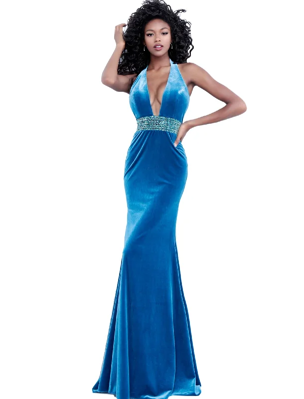 Jovani Teal Backless Halter Neckline Velvet Prom Dress Long sleeve unclassified dresses