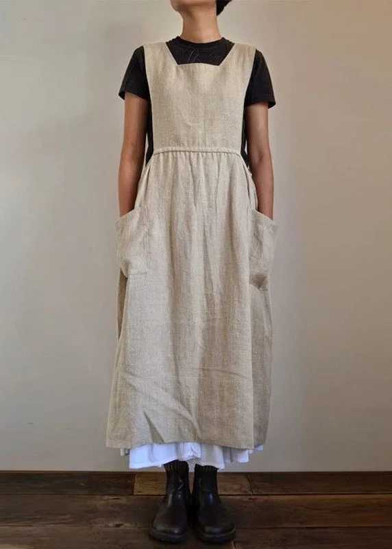 Loose Beige Pockets High Waist Linen Dress Sleeveless FF040 Popular unclassified dresses