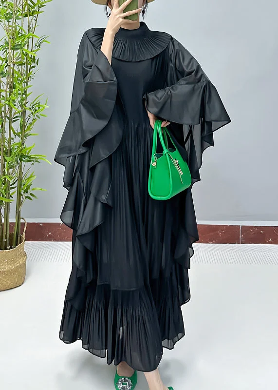 Loose Black Solid Ruffled Cotton Dresses Butterfly Sleeve AA1049 Velvet unclassified dresses