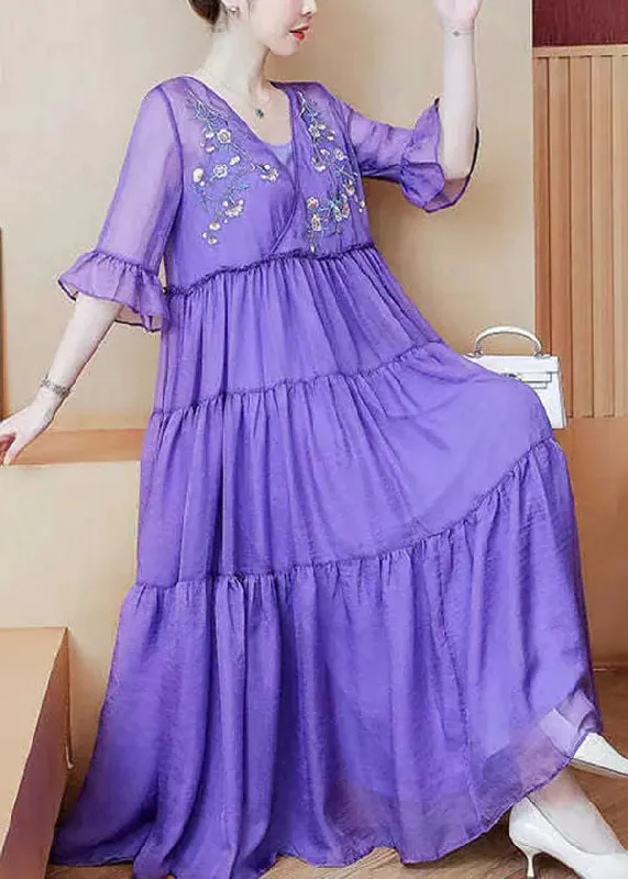 Loose Purple V Neck Embroidered Wrinkled Patchwork Chiffon Dress Summer HA1058 Wedding guest unclassified dresses