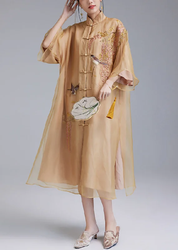 Loose Yellow Embroidered Button Silk Dress Flare Sleeve QA1077 Wrap unclassified dresses