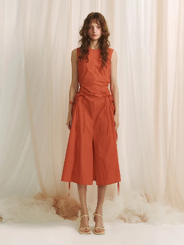 [MEENDERI] SS 24 SHIRRING RIBBON SLIT DRESS - ORANGE Dark color unclassified dresses