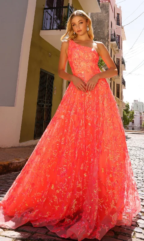 One-Shoulder Neon Peach Prom Ball Gown R1305 Ruffled unclassified dresses