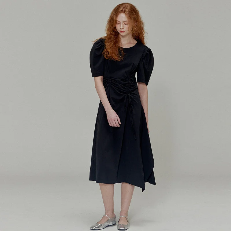 [OPENING SUNSHINE] SS 24 Ribbon pin tuck shirring dress_Black Spring unclassified dresses