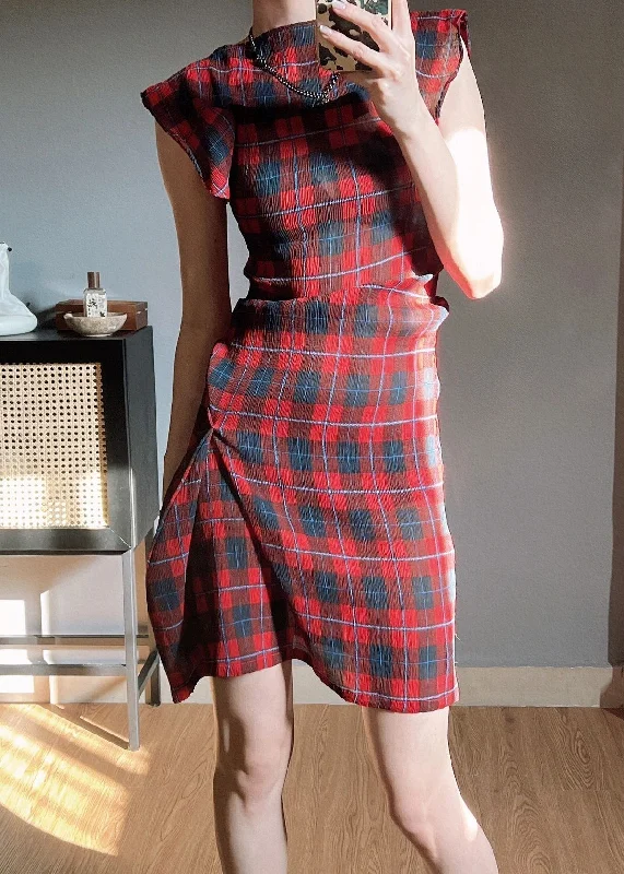 Original Red Plaid O Neck Wrinkled Chiffon Dress Butterfly Sleeve WW1005 Fashionable unclassified dresses