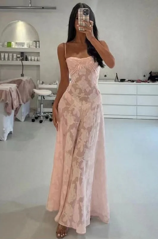 Pink Spaghetti Straps A-Line Prom Gown Evening Dress Smocked unclassified dresses