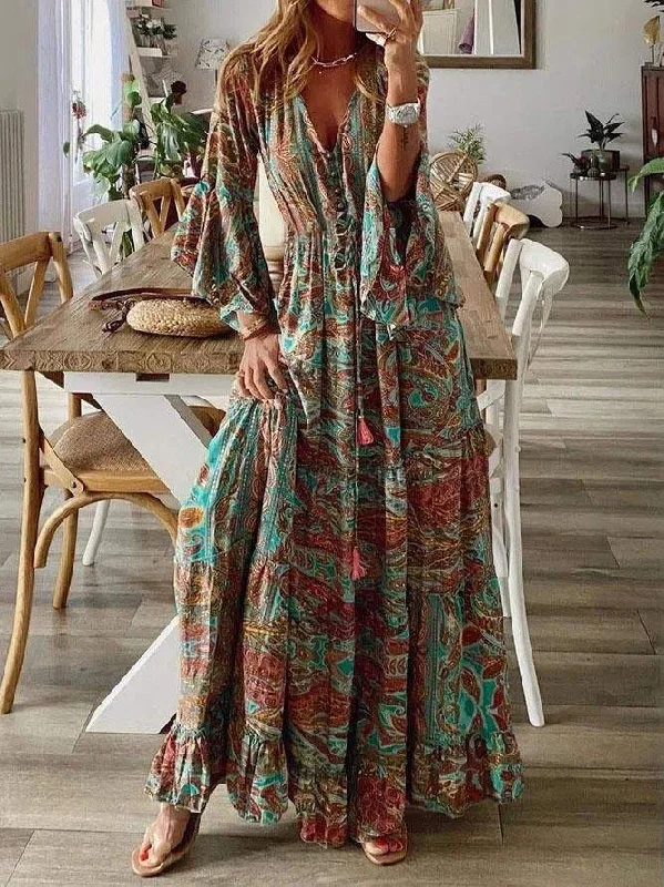 RETRO HIGH WAIST 3 4 SLEEVE BOHEMIAN DRESS Everyday wear unclassified dresses