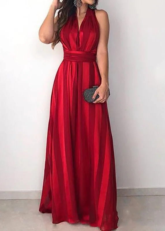 Slim Fit Red V Neck Tie Waist Cotton Dress Sleeveless AA1058 Office unclassified dresses