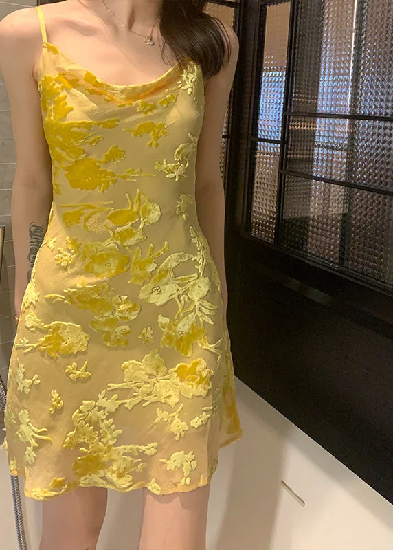 Slim Fit Yellow O Neck Solid Silk Spaghetti Strap Dress Sleeveless OP1035 Printed unclassified dresses