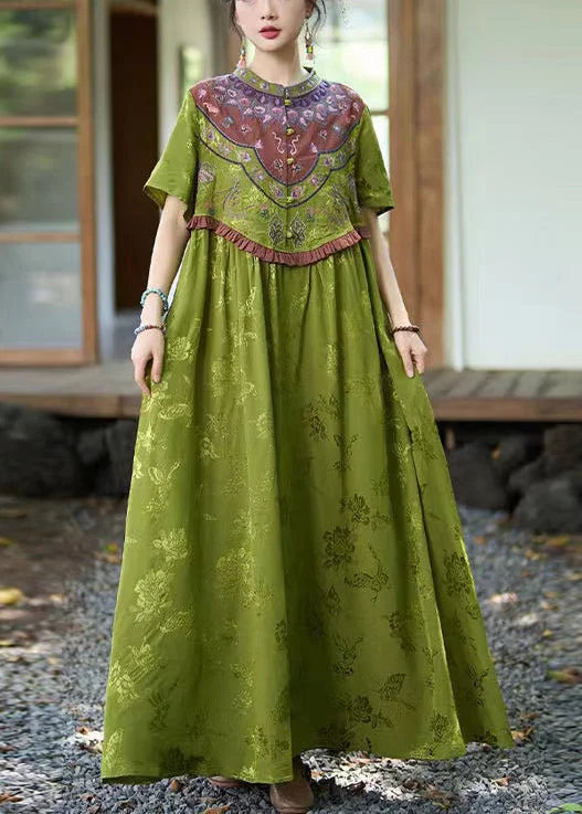 Vintage Green Stand Collar Ruffled Embroidered Silk Dresses Summer WW1018 Short unclassified dresses