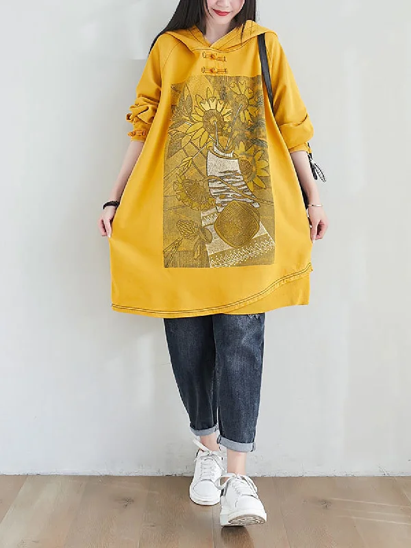 Women Artsy Autumn Sunflower Spliced Hooded Cotton Dress AH1028 Spring unclassified dresses