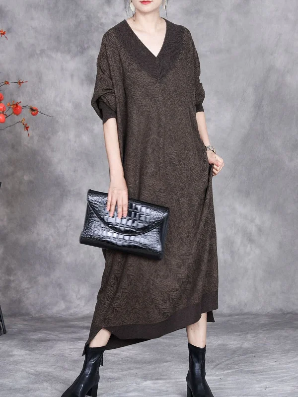 Women Autumn Artsy Colorblock V-neck Knit Dress AK1037 Festival unclassified dresses