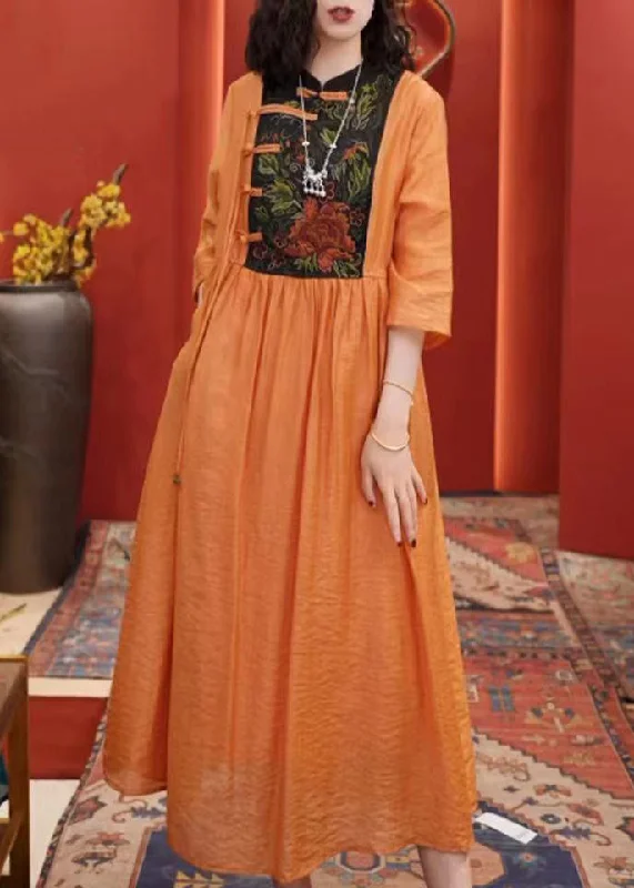 Women Orange Embroidered Button Cotton Dresses Half Sleeve AA1055 Lightweight unclassified dresses