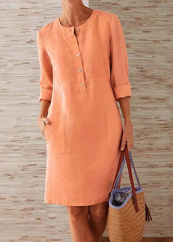 Women Orange O Neck Pockets Cotton Dress Fall QR004 Winter unclassified dresses