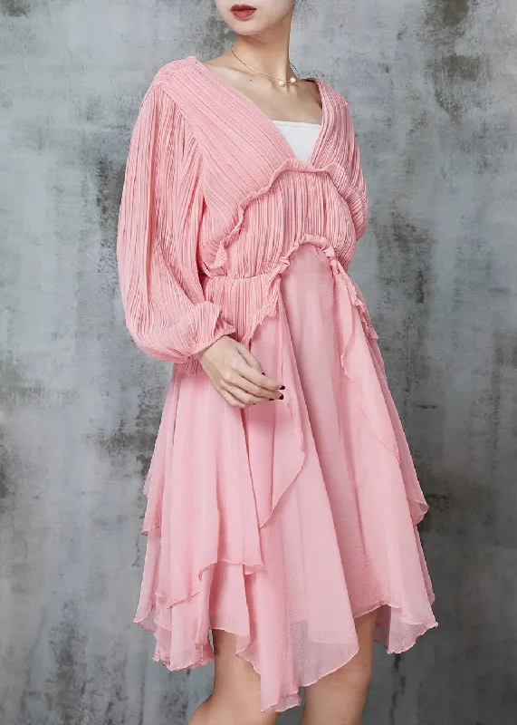 Women Pink Ruffled Wrinkled Chiffon Mid Dress Spring JK1063 Open-back unclassified dresses