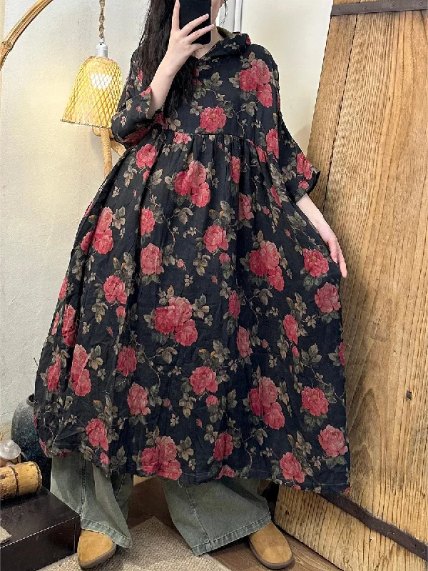 Women Summer Artsy Flower Cotton Hooded Dress II1034 Travel unclassified dresses