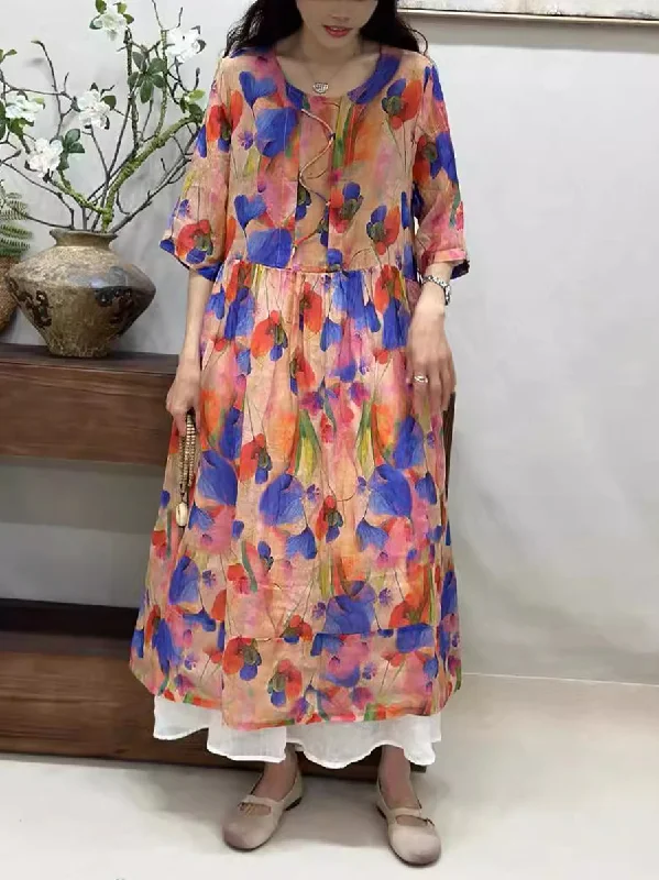 Women Summer Artsy Flower Loose Ramie Half-Sleeve Dress ZZ1033 Earthy tone unclassified dresses