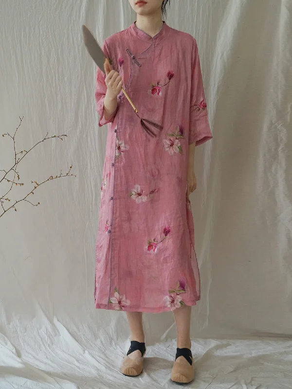 Women Summer Artsy Flower Ramie Robe Dress HH035 Satin unclassified dresses