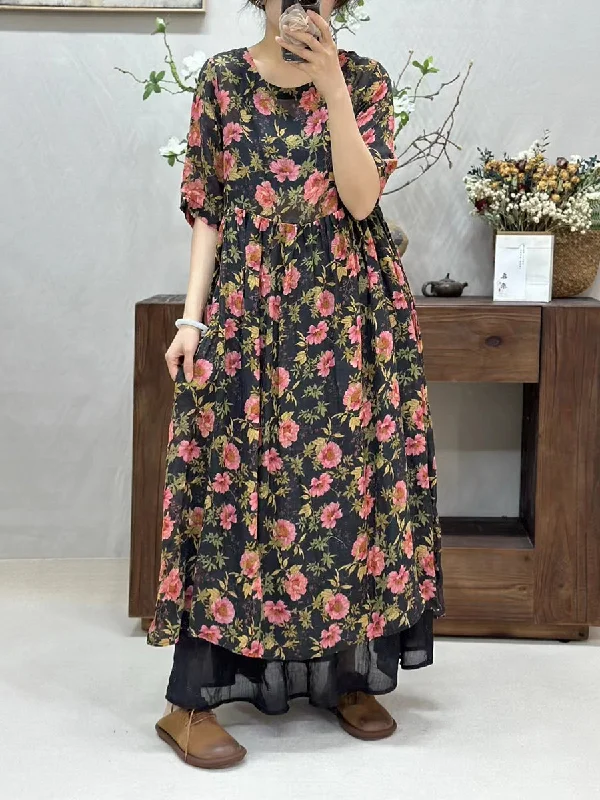 Women Summer Artsy Flower Spliced O-Neck Ramie Dress WE1017 Short unclassified dresses