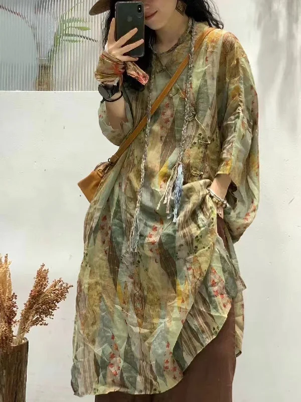 Women Summer Artsy Flower Spliced Ramie Robe Dress IO1024 Earthy tone unclassified dresses