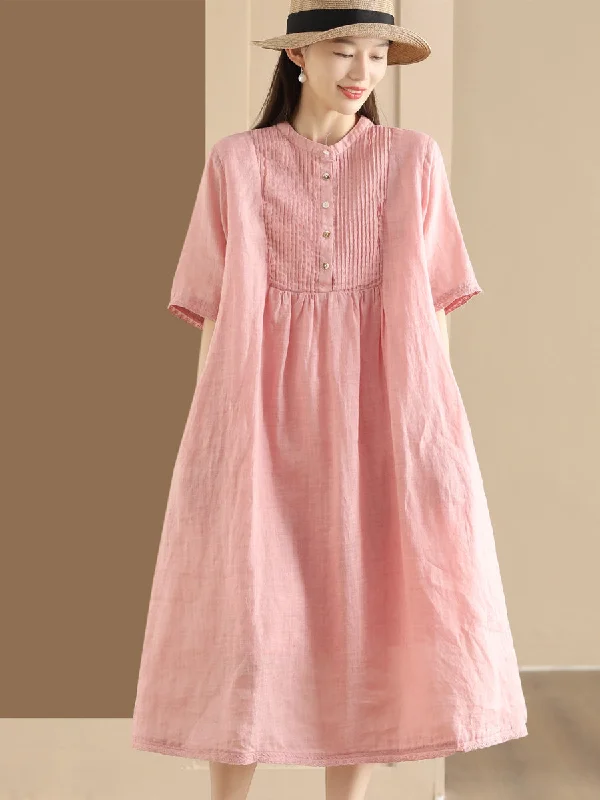 Women Summer Casual Solid Shirred Button Linen Dress HH019 High-low unclassified dresses