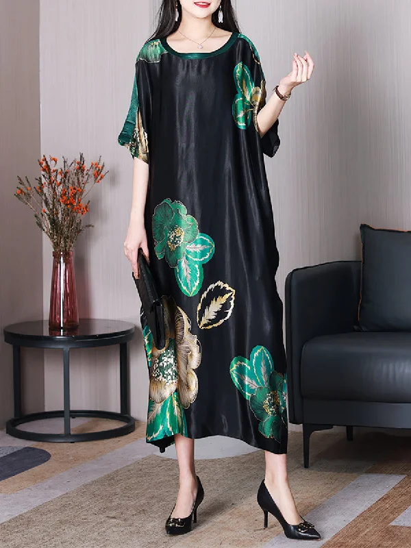 Women Summer Elegant Flower Silk Loose Dress XX1003 Velvet unclassified dresses