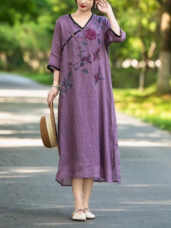 Women Summer Ethnic Flower Linen V-Neck Dress UI1005 Date night unclassified dresses