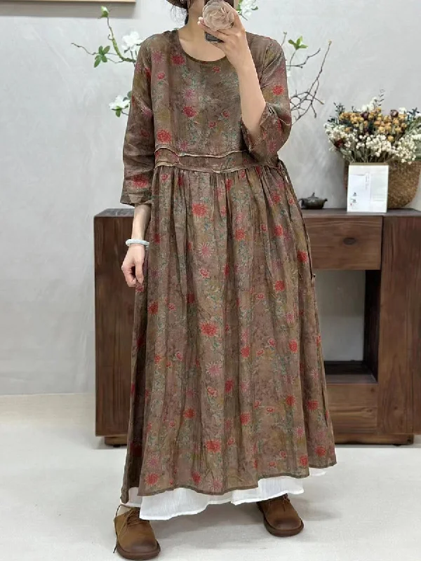 Women Summer Retro Spliced Flower Ramie Dress WE1016 Petite unclassified dresses