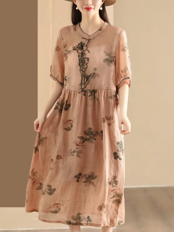 Women Summer Vintage Butterfly Embroidery Ramie Dress PP1036 Embroidered unclassified dresses