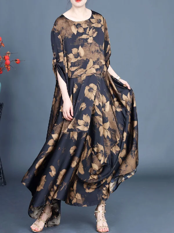 Women Summer Vintage Flower Irregular Hem Loose Dress KL1003 Earthy tone unclassified dresses