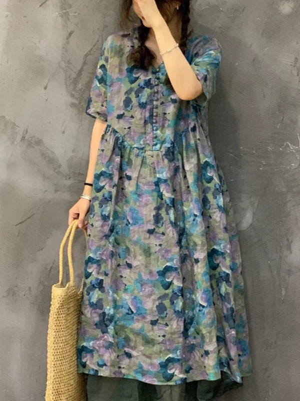 Women Summer Vintage Flower Ramie Button Dress UI1002 Elegant evening unclassified dresses