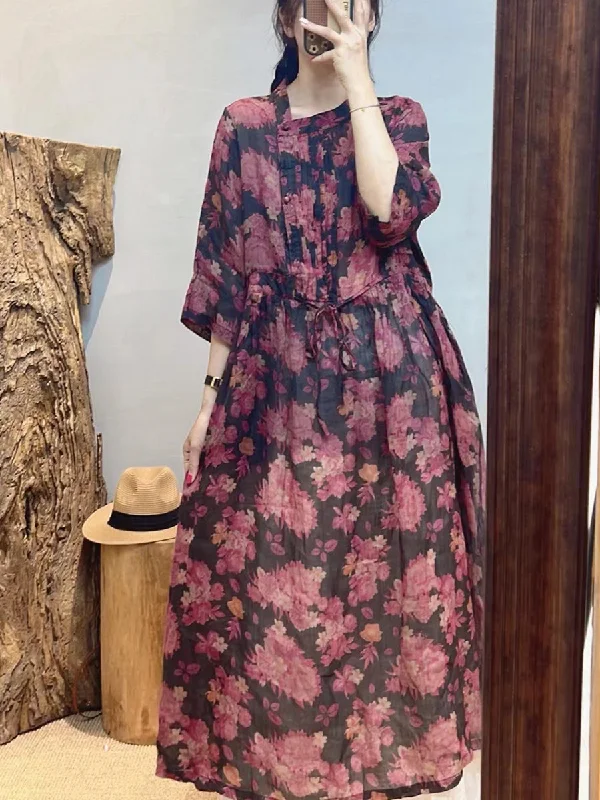 Women Summer Vintage Flower Ramie Loose Dress SC1020 Office unclassified dresses