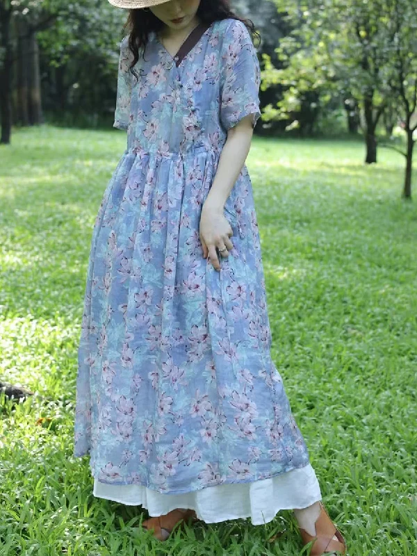 Women Summer Vintage Flower Spliced Ramie Strap Dress WE1024 Wrap unclassified dresses