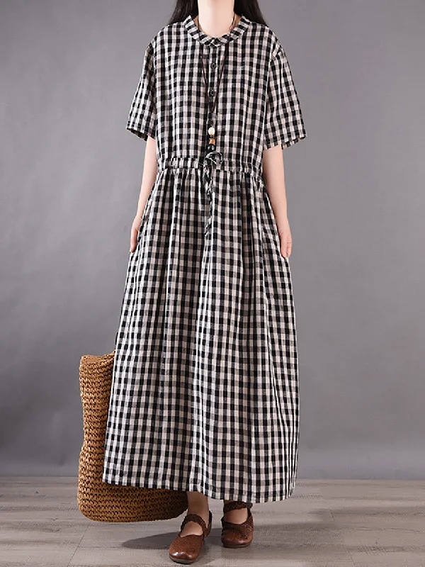 Women Summer Vintage Plaid Strap Linen Cotton Dress CV1036 Short unclassified dresses