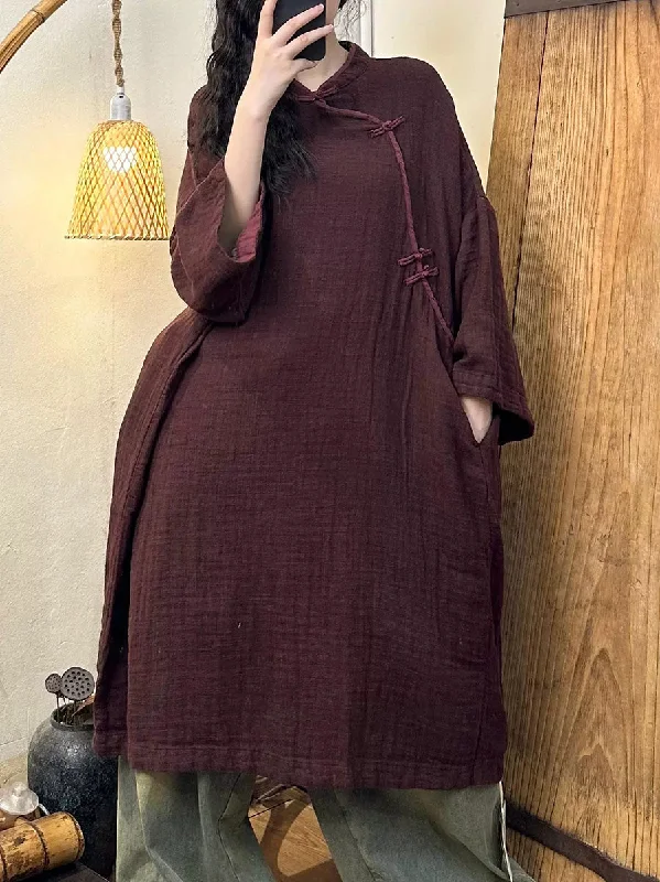 Women Vintage Autumn Solid Linen Cotton Robe Dress AH1016 Cocktail unclassified dresses