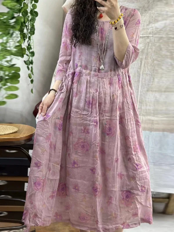 Women Vintage Flower Shirred Ramie Summer Loose Dress KL1004 Affordable unclassified dresses