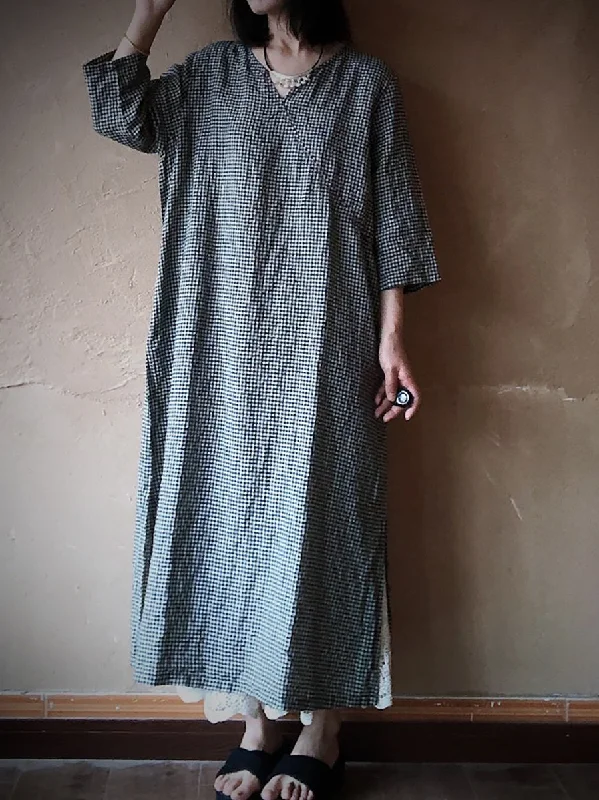 Women Vintage Lattice Summer V-neck Linen Loose Dress ZZ1016 Gothic unclassified dresses