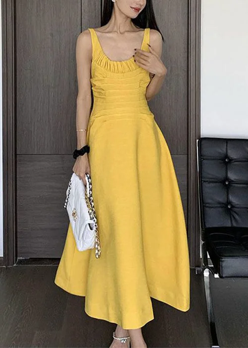 Women Yellow Wrinkled Solid Cotton Spaghetti Strap Dress Sleeveless XX080 Corset unclassified dresses