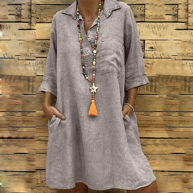 Women's Autumn Casual Cotton Loose Dress With Pockets Sexy unclassified dresses