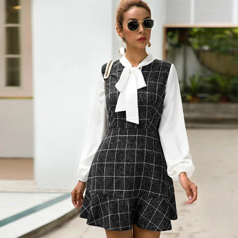 Women's Autumn Casual Plaid Dress With Bow Dark color unclassified dresses