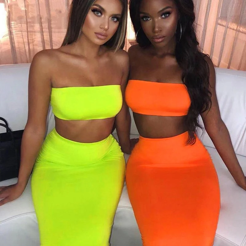 Women's Summer Casual Strapless Neon Two-Piece Dress Trendy new unclassified dresses