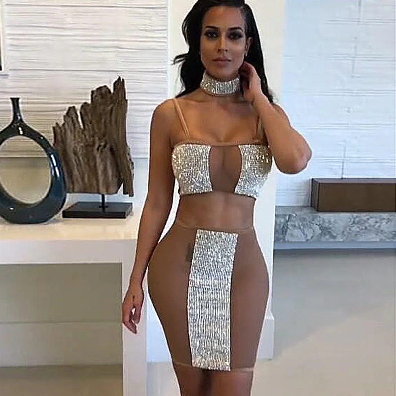 Women's Summer Sheath Mesh Two-Piece Dress With Crystals Wrap unclassified dresses